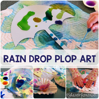 rain drop plop themed preschool art with umbrella and raindrops