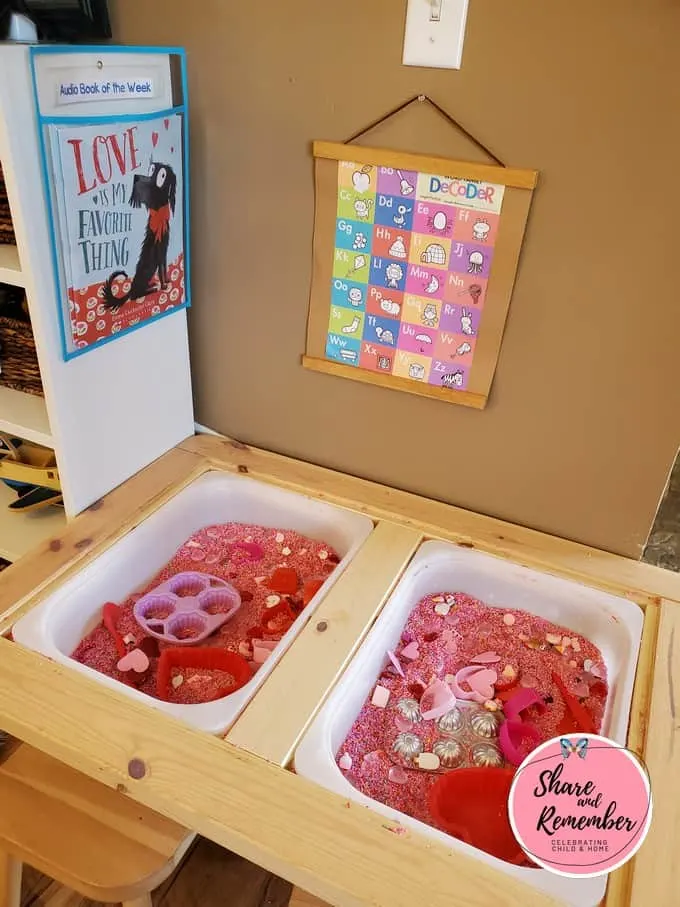 Preschool sensory table activity for Valentine's Day