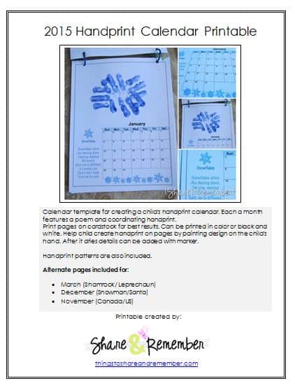 2017 Handprint Calendar Template Printable