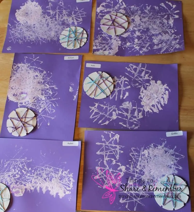 homemade snowflake stamp paintings