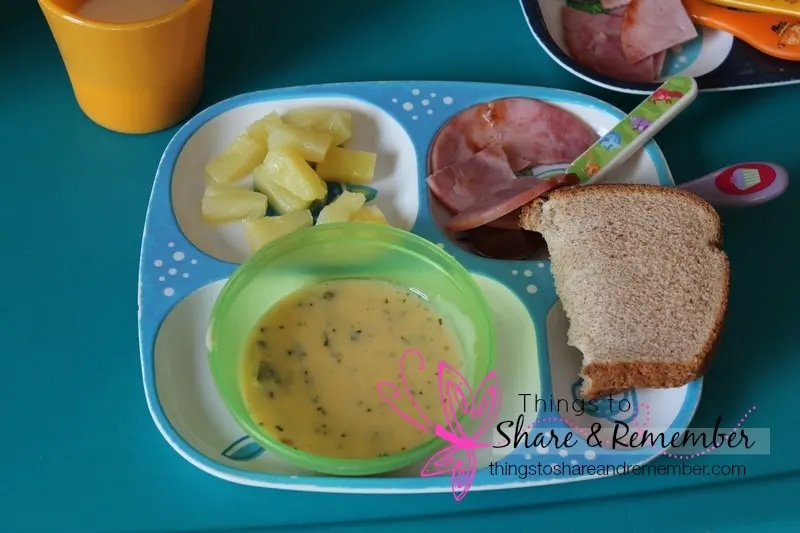 Cheesy Broccoli Soup & Ham, pineapple, ww bread, milk - Homemade & Healthy Child Care Lunches