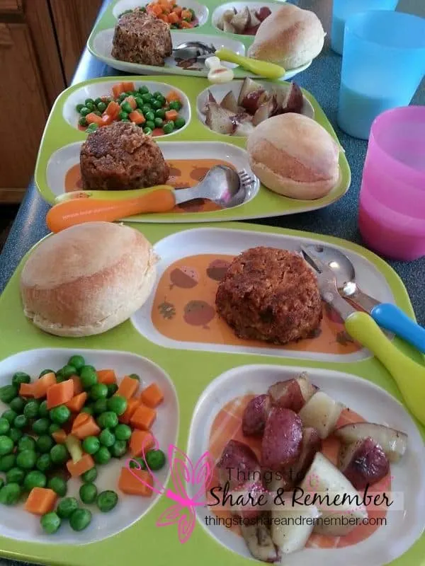 mini meatloaf, peas & carrots, roll, red potatoes, milk - Homemade & Healthy Child Care Lunches