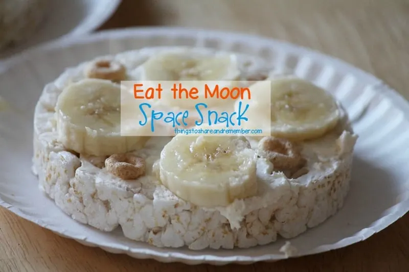 Rice cake, banana, cream cheese moon snack preschoolers can make