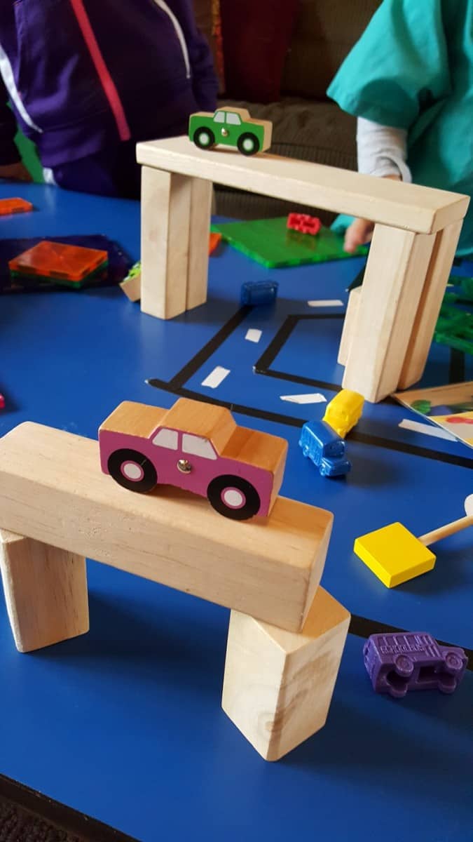 Making block bridges in preschool