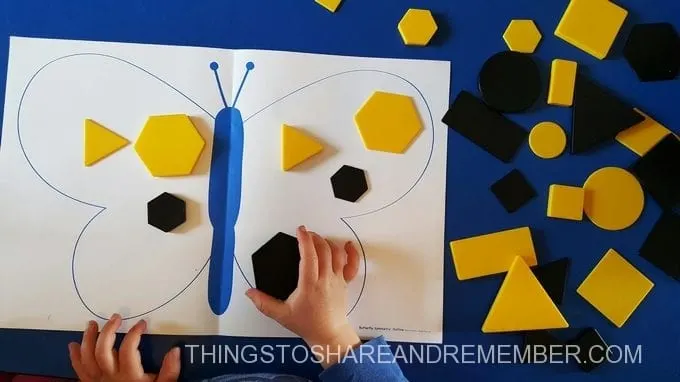 symmetrical butterfly tangram shapes block activity from Mother Goose time Colors of a Monarch lesson