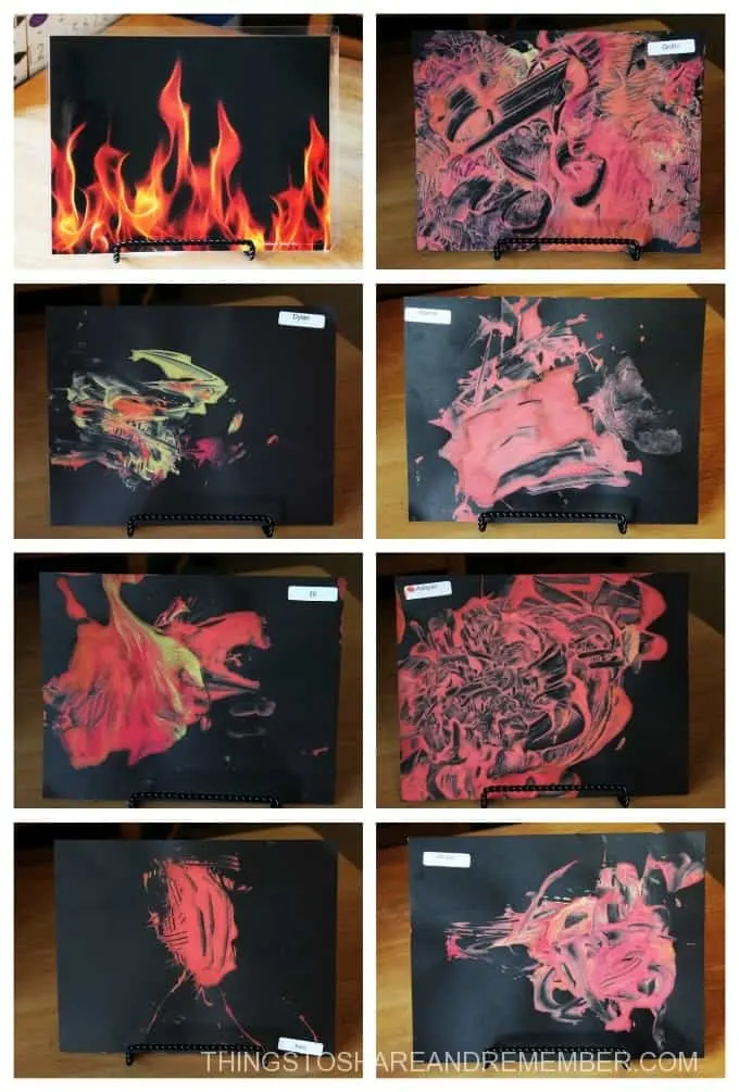 fire-paintings-collage preschool process art firefighter theme