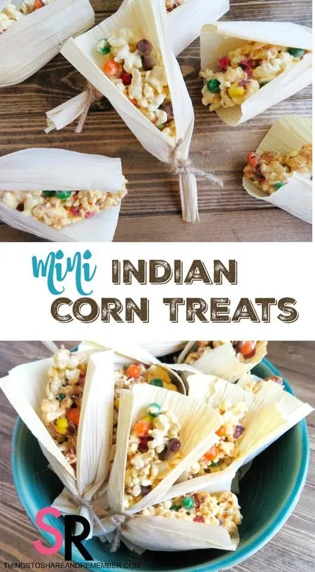 Mini Indian Corn Treats with Husks for Thanksgiving. Made with popcorn, marshmallows and Sixlet candies. These harvest themed fall snacks are perfect for Thanksgiving treats or children's parties. Mini Indian Corn Treats with Husks for Thanksgiving