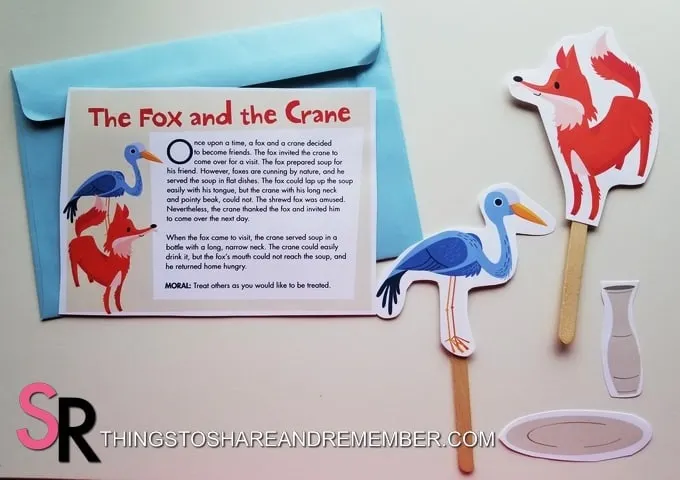 The Fox and the Crane fable puppets and story