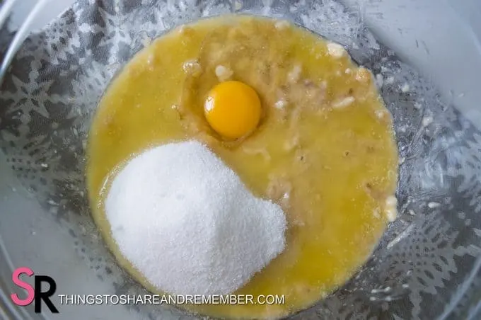 mashed banana, egg and sugar mixture