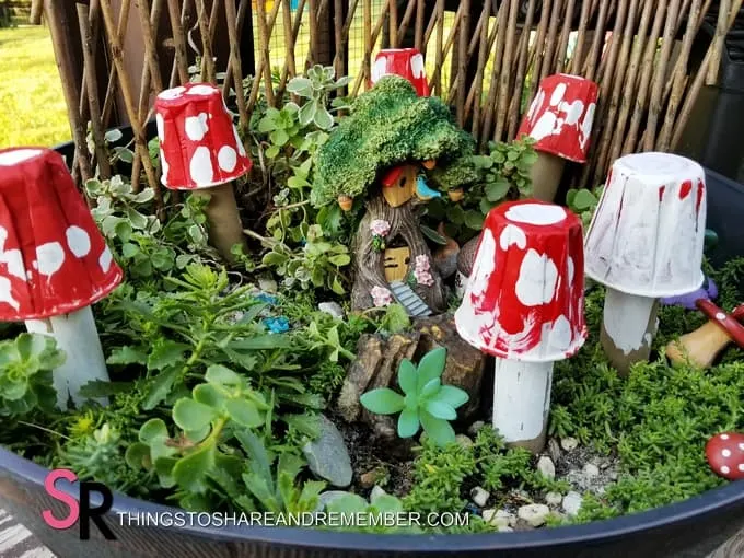 paper mushrooms in the fairy garden