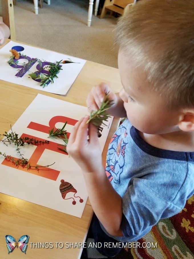 child building alphabet letters with natural materials