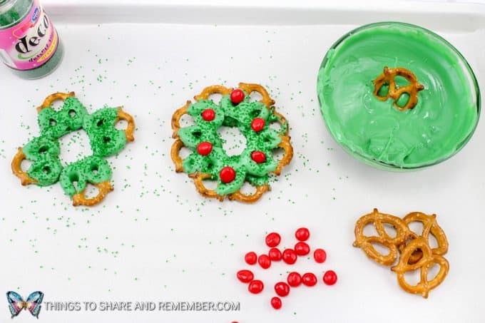 Chocolate Pretzel Christmas Wreaths in process