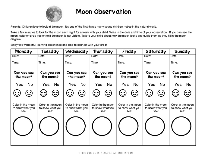 Moon observation form for preschoolers family engagement space theme