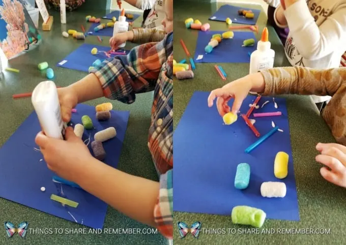 children creating coral collage art ocean commotion preschool theme from Mother Goose Time