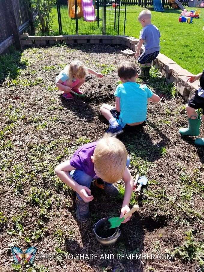 preschoolers digging in the garden soil