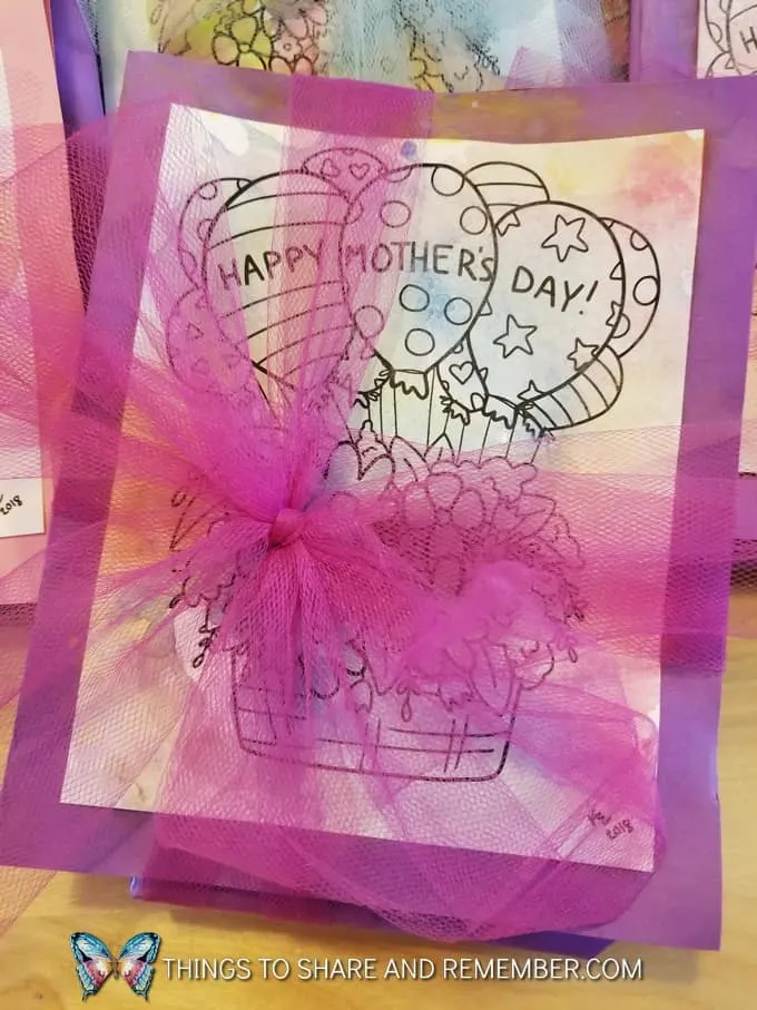 Keepsake Mother's Day Handprint Dish Towels and watercolor painted cards wrapped with tulle