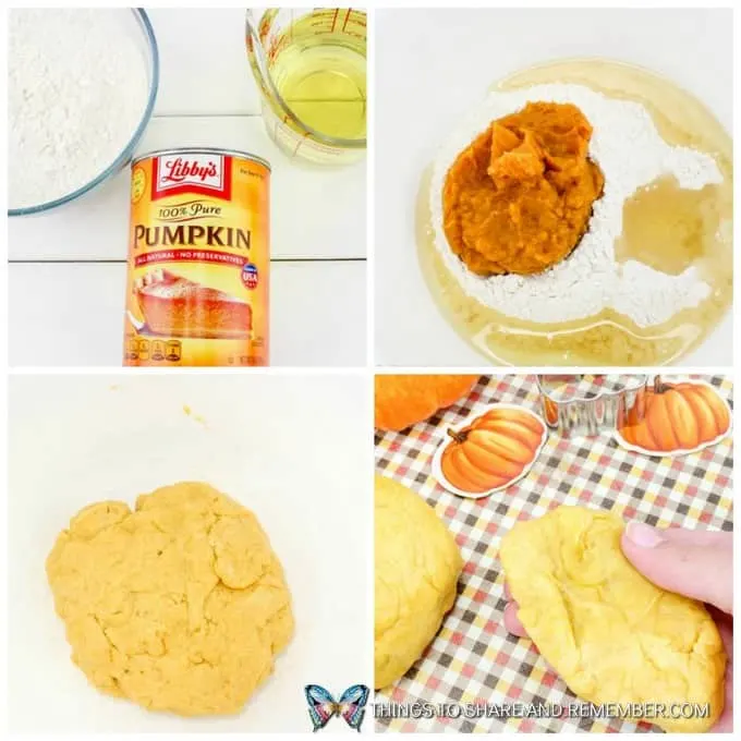how to make process photos of Super Soft Pumpkin Play Dough Recipe for Fall Sensory Centers in Preschool 