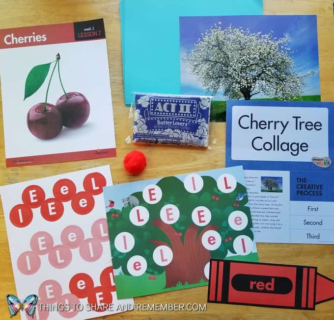 Lesson 7 Mother Goose Time Preschool Curriculum Orchard Harvest fall theme Cherries Cherry Tree collage with popcorn learning about color red