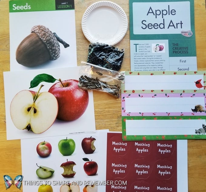 Lesson 1 Mother Goose Time Preschool Curriculum Orchard Harvest fall theme Seeds and apple seed art paper plate project, matching apples game