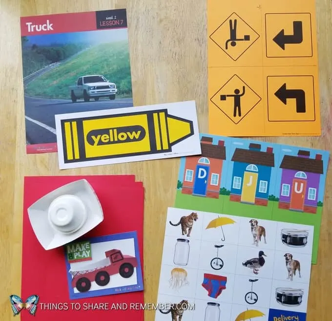 Lesson 7: Truck, color yellow, letter game What's in the box: Transportation Station