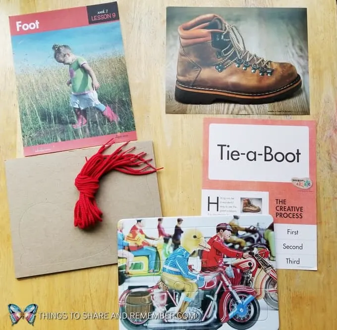 Lesson 9: foot, tie-a- boot, puzzle What's in the box: Transportation Station