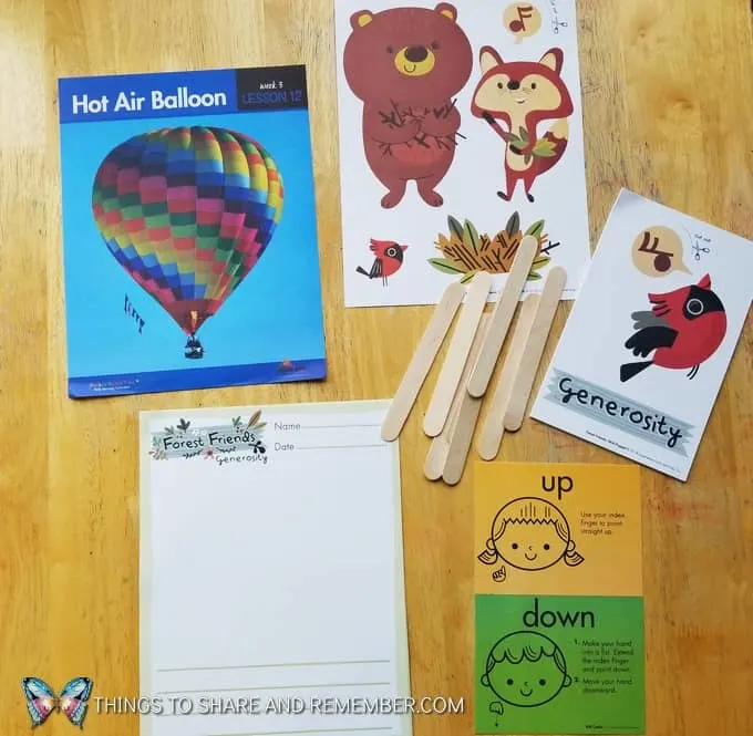 Lesson 12: hot air balloon, Forest Friends character development materials, learning about generosity, and introducing sign language to preschoolers What's in the box: Transportation Station