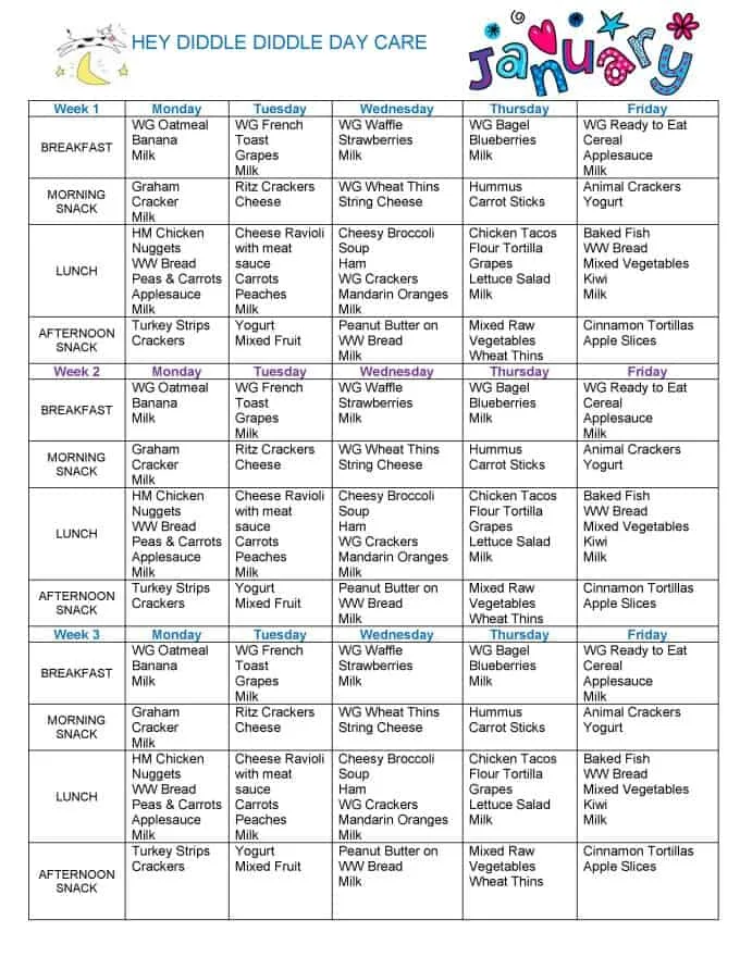 child care menu printable form