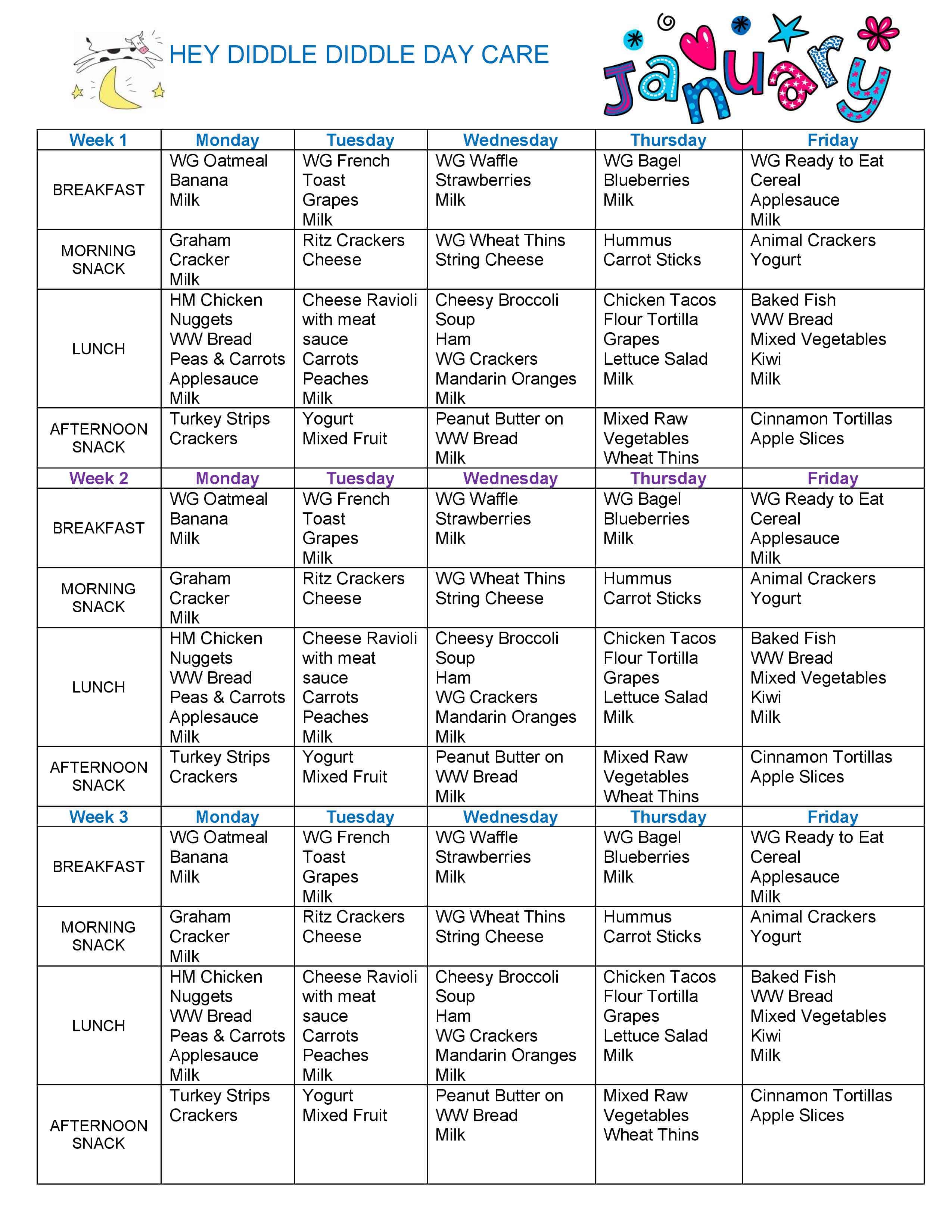 Child Care Free Printable Daycare Menus