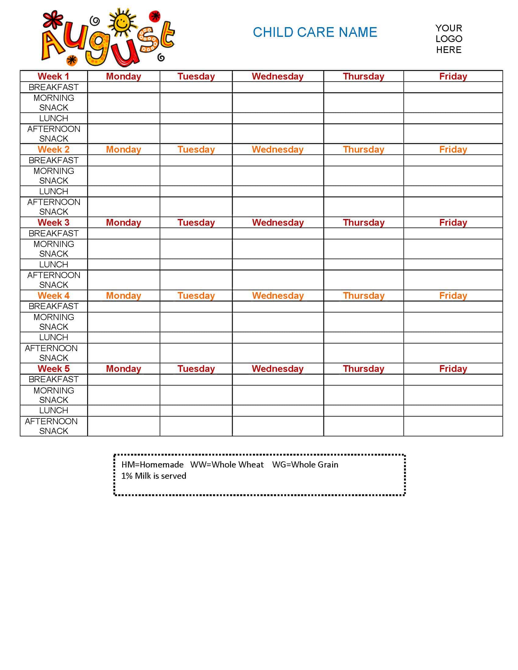 Editable Monthly Child Care Menu Templates Jan-Dec » Share With Regard To Daycare Menu Template