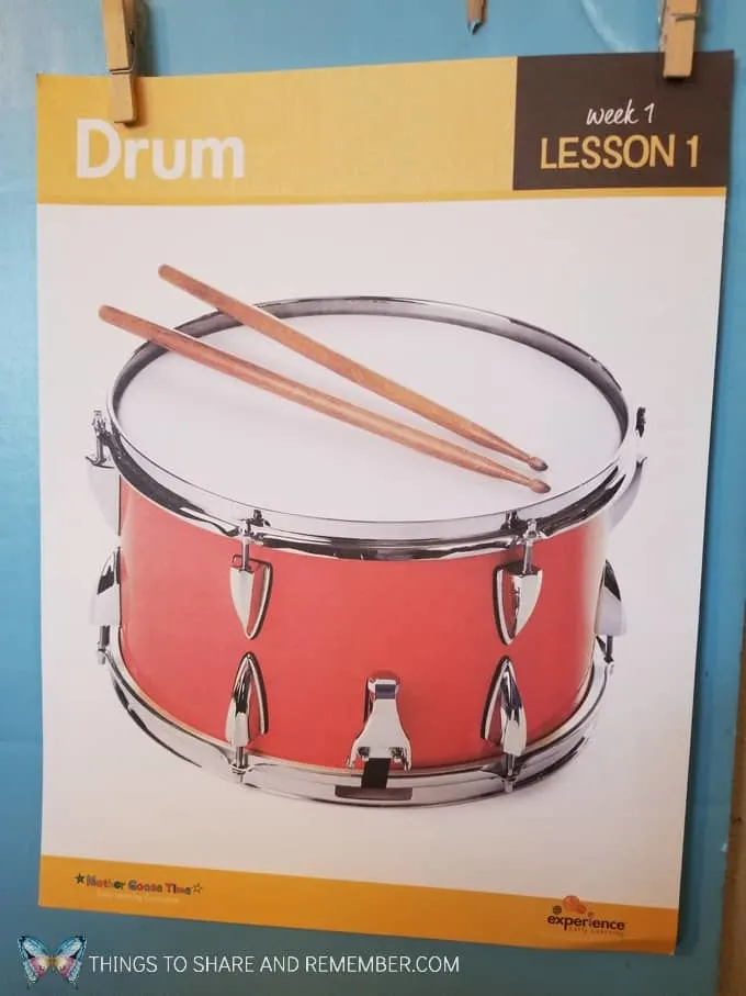 Drum lesson 1 of Sights and Sounds Mother Goose Time preschool curriculum. Wonder about orchestra including: drums, woodwinds, horns and stringed instruments. #MotherGooseTime #MGTblogger #SightsandSounds #preschoolmusic