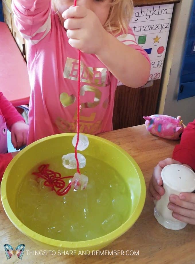 ice fishing science experiment for preschoolers involving ice freezing and melting #SightsandSounds #MotherGooseTime #MGTblogger
