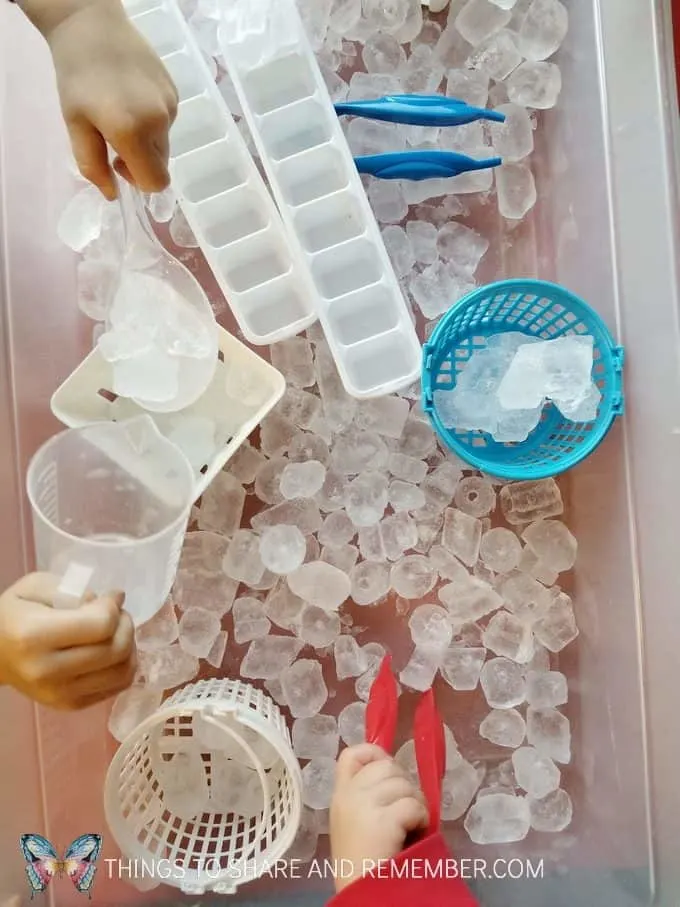 Science and Nature Ice sounds STEAM Station Ice sensory bin for winter ice preschool theme. #MotherGooseTime #MGTblogger #SightsandSounds #sensorybin