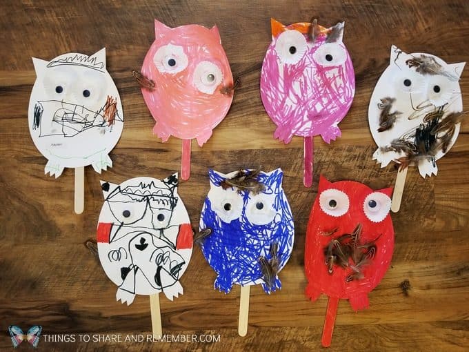 Coloring an owl puppet Make and Play craft activity for preschoolers #MakeandPlay #MotherGooseTime #preschool #familychildcare #MGTblogger