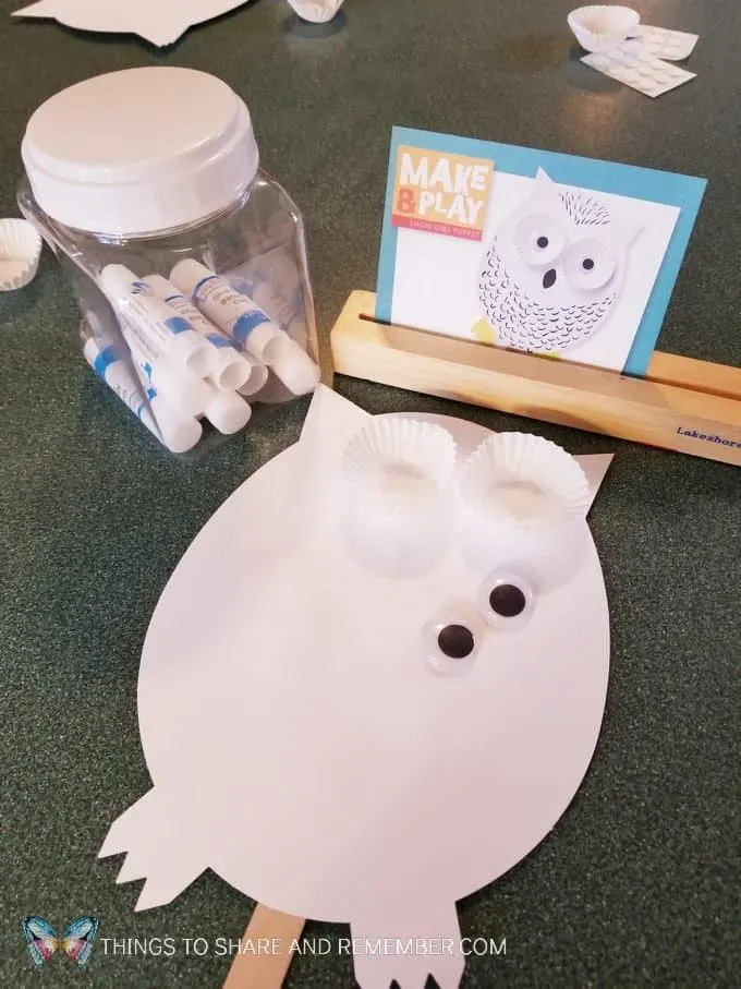 Owl puppet Make and Play craft activity for preschoolers