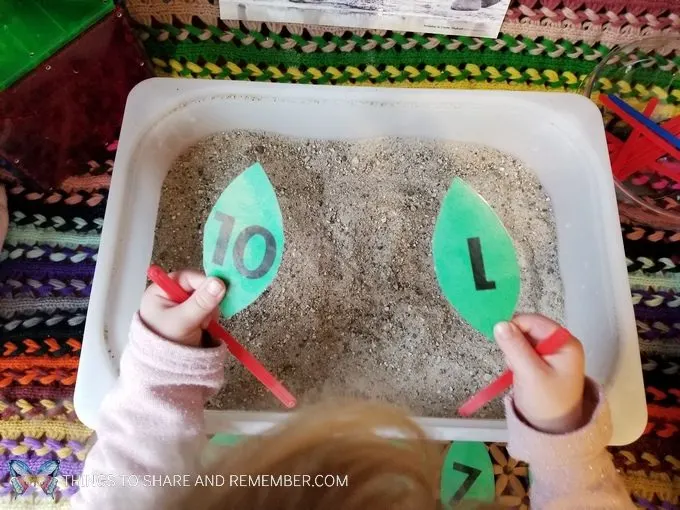 elephant tusks digging for number leaves sensory and math activity for preschoolers from Mother Goose Time #MGTBlogger #MotherGooseTime #GoingOnSafari #preschool #ece