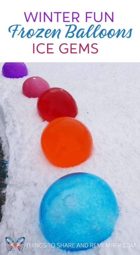 Make the most of sub zero temps with a fun winter weather experiment! Freeze colored water in balloons to make frozen balloons ice gems! They are colorful and brighten up the snow banks while the temps are below freezing. We made them in the winter in Wisconsin during the 2019 polar vortex.  #winter #outdoorart #frozenart #frozenballoons #winterexperiment #scienceactivity #frozen #ice #balloons #winteractivity #kidsactivities #winterfun