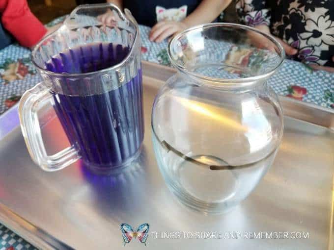 Pouring Together Community Challenge from Mother Goose Time - pouring colored water from pitcher to vase measuring and pouring preschool activities