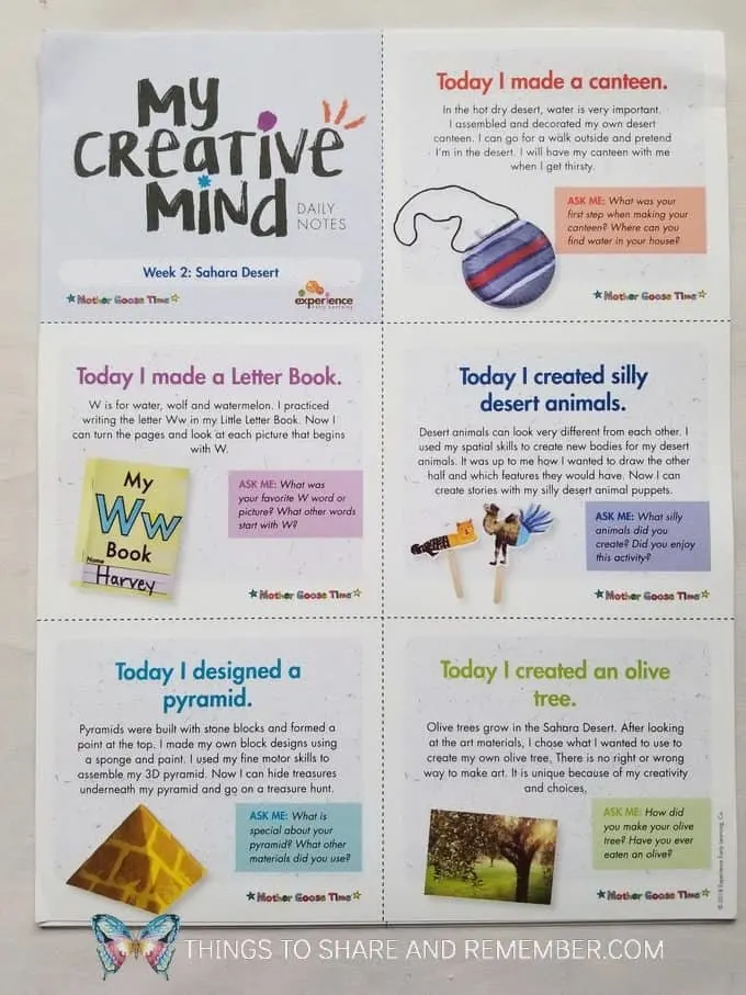 My Creative Mind Daily Notes week 2: Sahara Desert creative activities for the week Mother Goose Time preschool curriculum