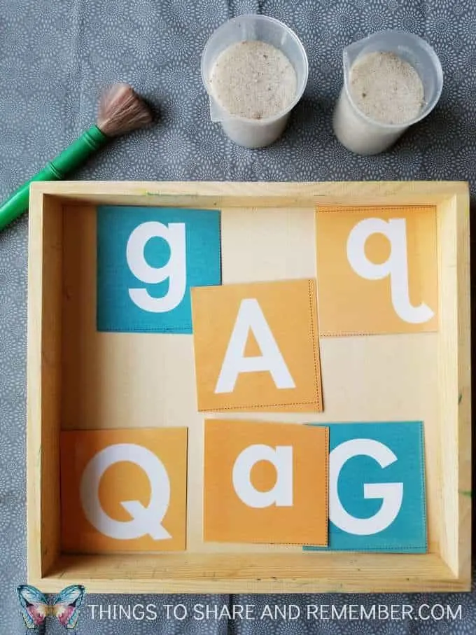 Pouring Sand Tabletop Literacy activity matching letters with Mother Goose Time measuring and pouring preschool activities