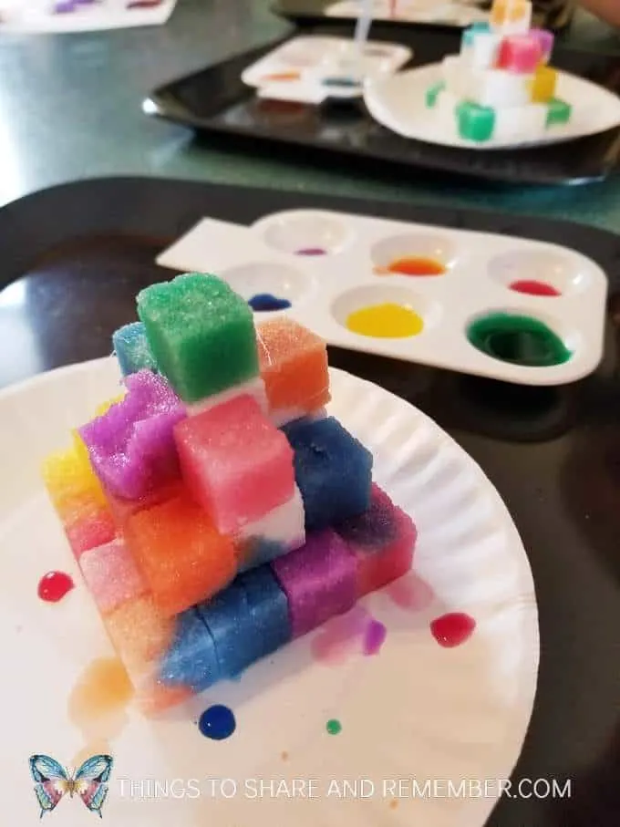 Rainbow Sugar Cube Pyramids painted with liquid watercolors