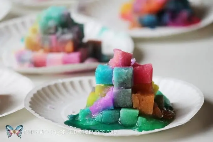 Rainbow Sugar Cube Pyramids painted with liquid watercolors