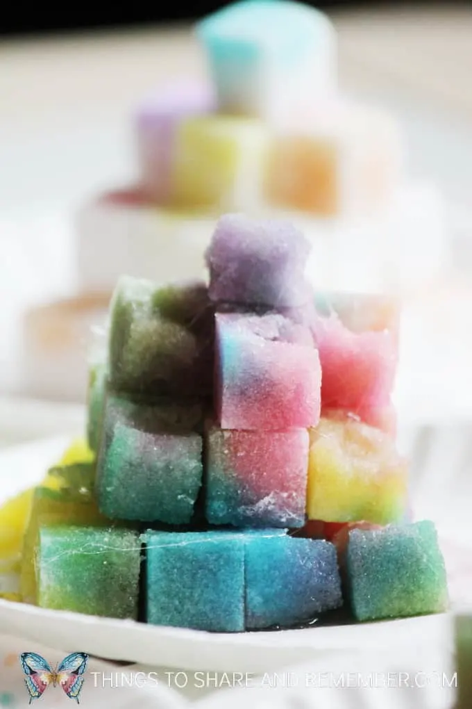 Rainbow Sugar Cube Pyramids painted with liquid watercolors