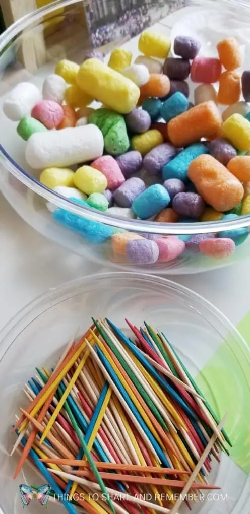 starch noodles and colored toothpicks STEAM building activity for preschoolers