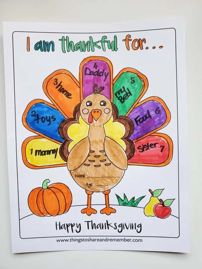 colored turkey with "I am thankful for..."