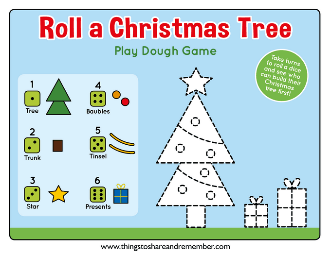 Roll A Christmas Tree Play Dough Mat Game free printable game for kids