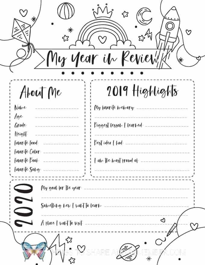 Year in Review Black and White printable coloring page