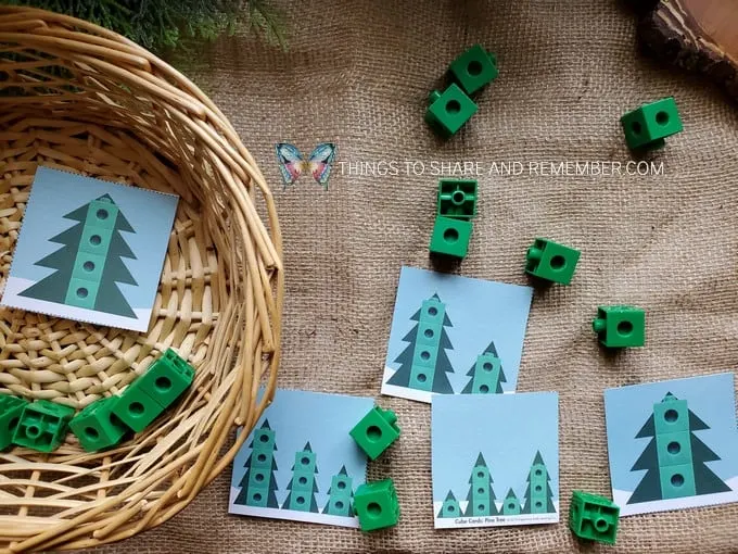 Tall Pine Tree cube cards and connecting cubes table top math preschool activity