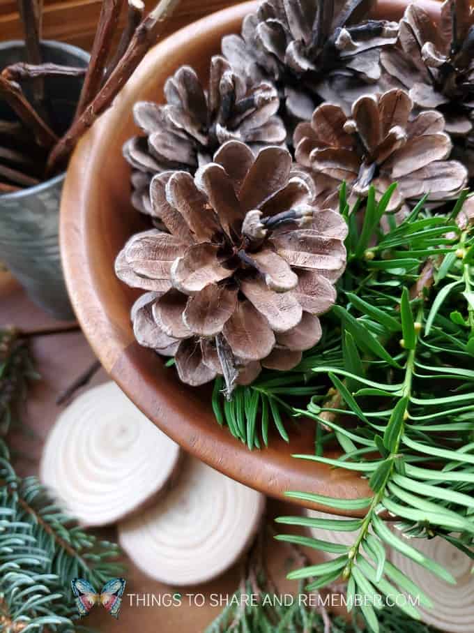 pinecones and greenery wood slices