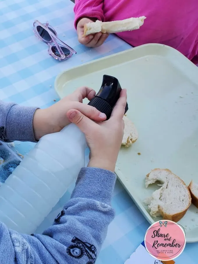 child using spray bottle to spray bread