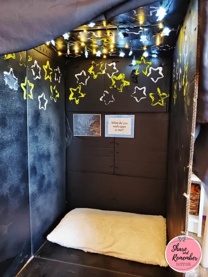 Cardboard Box Planetarium dramatic play space for young children.